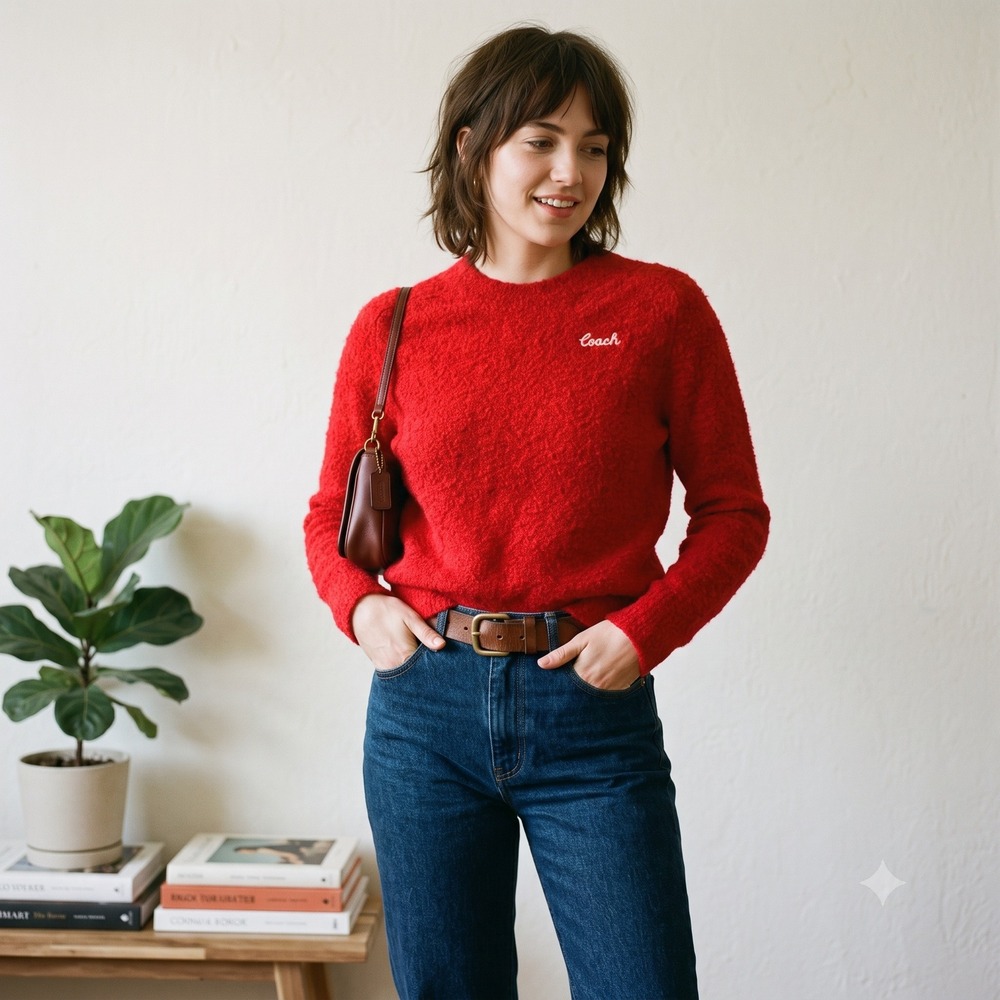 Coach Womens Sweater Small Red Crew Neck Wool Blend Embroidered Logo Preppy